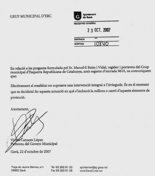 Resposta de l'Equip de Govern Municipal (PSC) a la pregunta d'ERC de Gavà sobre la instal·lació de baranes a les corredores de l'avinguda del mar (23 d'octubre de 2007)